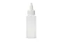 A clear, empty plastic mixing bottle with a white screw-on cap and pointed nozzle, isolated against a white background.