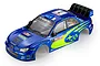 A pre-painted 1/10 scale Killerbody Subaru Impreza WRC 2007 rally car body shell in blue with yellow accents and sponsor decals.
