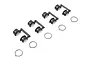 Kyosho RC spare parts including four black plastic suspension components and four small metal circlips on a white background.