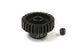 A black 28-tooth RC pinion gear with a small grub screw on a white background.