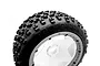 A close-up of an HPI Proto 5B rear tire mounted on a white five-spoke wheel for a 1/5 scale RC buggy.