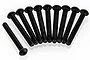 A set of ten black metal button head screws with fine threading arranged in a fan shape on a white background.
