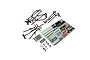 Kyosho Javelin black roll cage parts, metal panels, hardware, and a decal sheet laid out on a white background.