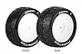 Two Louise E-Phantom RC buggy wheels with white dish rims and black rubber tyres, shown from front and rear angles.