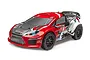 A pre-painted red and black Maverick Strada RX rally car body shell with racing decals, shown from a front three-quarter angle.