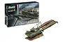 Revell 1/76 scale Churchill A.V.R.E. model kit box and a fully assembled, painted model tank with a bridge attachment.