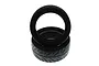 Two black Tredz Vortex belted RC car tyres stacked on a white background.