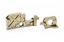Two machined gold-coloured aluminium motor mount components for a Maverick Quantum RC vehicle.