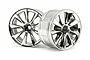Two HPI Racing chrome-finished RC car rims with a multi-spoke design, shown against a white background.