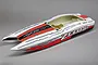 Pro Boat Zelos 48G catamaran speed boat hull in white, red, and black with racing decals on a grey background.