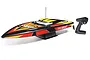 Pro Boat Sonicwake V2 36-inch RC speed boat in black, red, and yellow livery, displayed on a stand with its included pistol-grip radio transmitter.