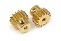Two brass 14-tooth pinion gears for RC cars, shown from an angle on a white background.