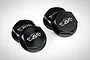 Four black anodized aluminium flanged wheel nuts with a laser-etched logo on a white background.