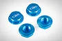Four blue anodized aluminium flanged serrated wheel nuts for RC cars, showing both the top logo side and the threaded underside.