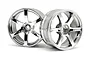 Two chrome-finished six-spoke RC car rims positioned side-by-side against a white background.