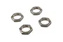 Four gunmetal grey serrated aluminium wheel nuts arranged on a white background.