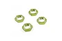 Four green anodized aluminium serrated wheel nuts for RC cars arranged on a white background.