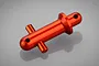 An orange anodized aluminium RC body post with a cross-pin design, shown against a grey background.