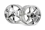 A pair of HPI Racing 2.1 inch chrome-plated six-spoke RC car rims against a white background.
