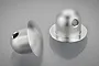 Two silver aluminium RC body shell connecting posts with a domed shape and side holes, set against a plain grey background.