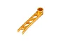 A gold-coloured metal spark plug wrench with a hexagonal socket at one end and a U-shaped open-ended wrench at the other, featuring triangular cutouts.