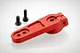 A red anodized aluminium servo horn with two black metal screws on a white background.
