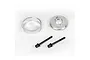 Rovan silver aluminium air filter mount components including a ring, a circular base plate, and two black mounting bolts on a white background.