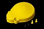 A bright yellow Rovan RC gear cover shown with two yellow mounting posts and two metal R-clips on a black background.