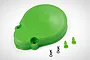 A bright green Rovan RC gear cover with two green plastic mounting posts and two black metal R-clips on a white background.