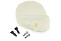 A white plastic RC gear cover with two black plastic mounting posts and two metal body clips on a white background.