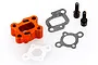 An orange anodized aluminium intake manifold for an RC engine, including two gaskets, a plastic spacer, and two black mounting bolts.