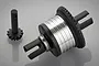 Rovan RC differential assembly with a silver aluminium housing and black steel pinion gear on a grey background.