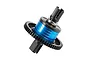 A Rovan blue aluminium centre differential assembly for RC cars, featuring a black gear and metal drive cups.