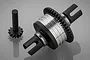Rovan silver aluminium complete differential assembly with a separate black pinion gear on a grey background.