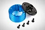 A blue anodized aluminium RC differential housing with a black metal cap and four small black screws on a white background.