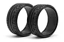 Two black HPI Racing drift tyres with Bridgestone Potenza RE-11 tread patterns, shown from a side angle on a white background.