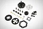 A Rovan RC clutch assembly kit including a clutch bell, pinion gear, clutch shoes, springs, and various mounting hardware on a white background.