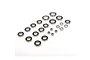 A collection of 23 various sized metal ball bearings with black rubber seals arranged on a white background.