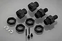 A set of Rovan black aluminium wheel hubs, including nuts, pins, and clips, arranged on a grey reflective surface.