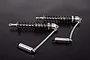 Two silver Rovan heavy-duty RC rear shock absorbers with external reservoirs and black springs on a dark background.