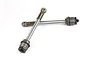 Two Rovan gun metal RC shock shafts with rod ends arranged in an X shape on a white background.