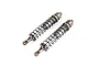 Two Rovan gun metal aluminium heavy-duty RC front shock absorbers positioned diagonally against a white background.