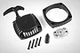 Rovan pull start assembly with black plastic housing, spacer, metal starter dog, and mounting hardware on a white background.