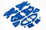 A set of blue plastic RC Baja suspension arms and associated mounting components arranged on a white background.