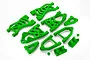 A set of bright green Rovan RC Baja suspension arms and associated plastic parts arranged on a white background.