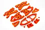 A set of bright orange RC car suspension arms and related plastic components arranged on a white background.
