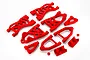 A set of bright red plastic RC suspension arms and related components arranged on a white background.