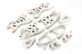 A set of white plastic RC suspension arms and mounting components arranged on a white background.