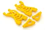 A set of four bright yellow RC car suspension arms, including two large A-arms and two smaller triangular suspension components on a white background.
