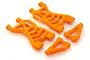 A set of four bright orange RC car suspension arms, including two large A-arms and two smaller triangular suspension components, isolated on a white background.